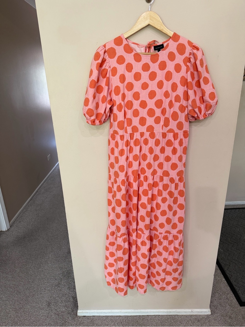 Who What Wear Pink Orange Polka Dot Ruffle Maxi Dress Womens Small Linen Blend
